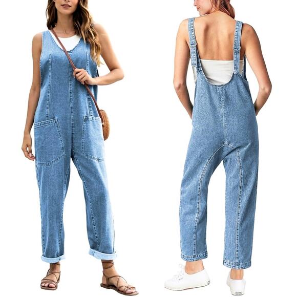 GREAIDEA Pants - High Roller Denim Jumpsuit Baggy Loose Fit Overalls in Blue Tides Size L